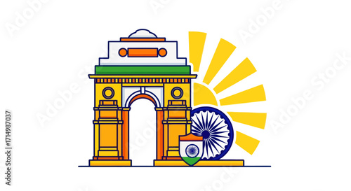 India Gate Illustration with National Flag and Sun Rays.
