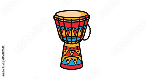 Colorful Djembe Drum with Geometric Patterns and Rope Handle.