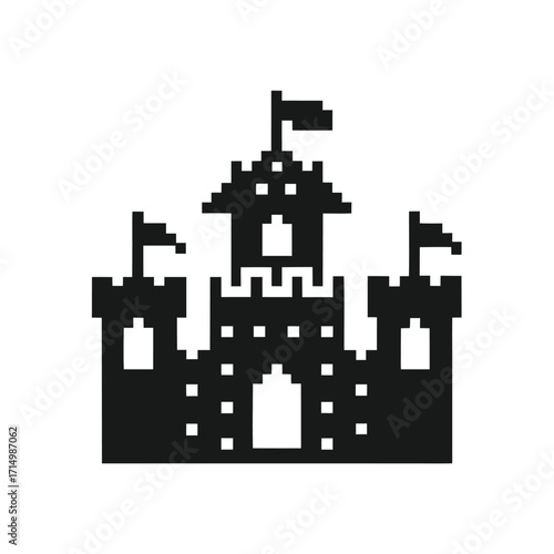 Black pixel art castle stands proudly with flags atop its towers and main structure