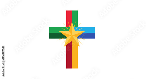 Colorful Christian Cross with Golden Star Decoration.