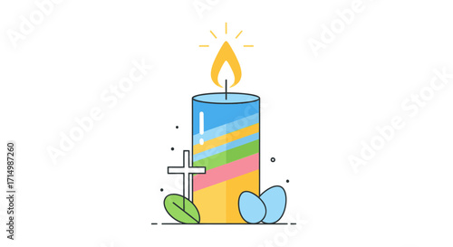 Colorful Striped Easter Paschal Candle with Christian Cross and Eggs.