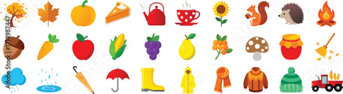 Autumn vector icon set. Thanksgiving, Fall, Harvest season colorful icon set