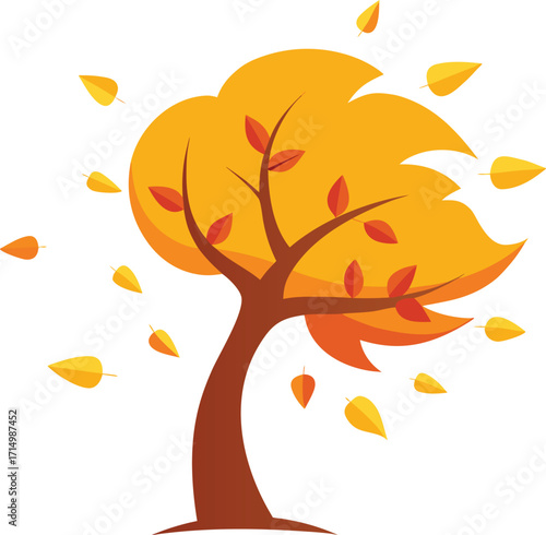autumn tree with orange yellow leave blowing by wind vector icon