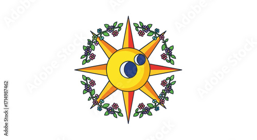 Stylized Sun Symbol with Celestial Eyes and Laurel Wreath.