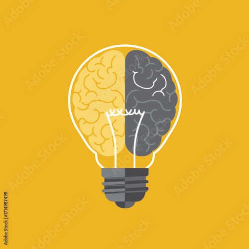 Creative Light Bulb Brain Illustration Symbolizing Innovation and Ideas with a Yellow Background