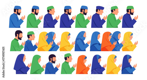 Diverse Group of People Praying in Traditional Islamic Attire.