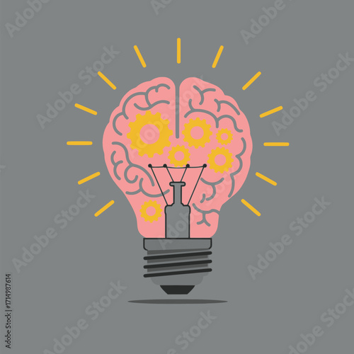 Illustration of a lightbulb-shaped brain with gears, symbolizing innovation and creativity