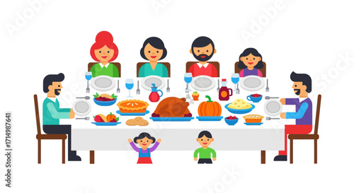 Diverse Family Gathering Around a Festive Holiday Dinner Table Laden with Food.