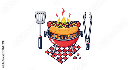 Grilled Hot Dog on a Red BBQ Grill with Utensils.
