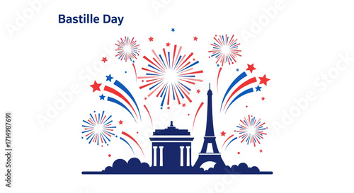 Vibrant Bastille Day Fireworks Display Over Parisian Landmarks.