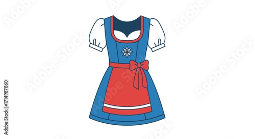 Traditional Bavarian Dirndl Dress with Blue and Red Accents.