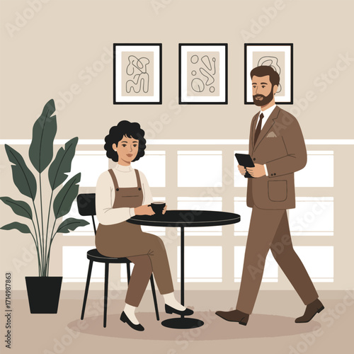 Woman at a cafe table with a waiter standing nearby taking her order