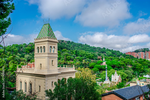 View of historic building from Park Guell, Barcelona, Spain