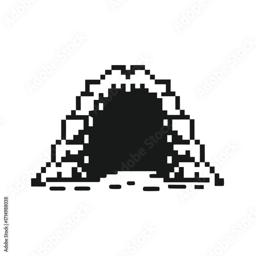 Black pixelated cave opening stands starkly against the crisp, white background