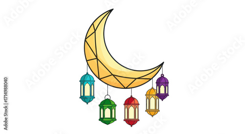 Golden Crescent Moon with Colorful Hanging Lanterns Illustration.