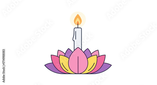 Lit White Candle on Colorful Lotus Flower Illustration.