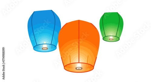 Three Colorful Sky Lanterns Ready to Float.