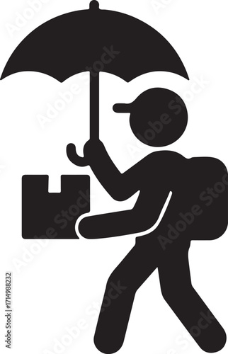 Courier Walking in Rain with Package and Umbrella Silhouette Vector Illustration for Weather Delivery Service Design