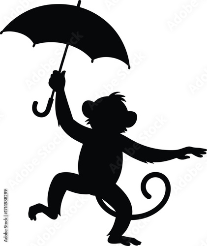 Monkey Silhouette with Umbrella Vector Illustration