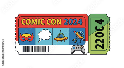 Comic Con 2024 Event Ticket with Sci-Fi and Gaming Graphics.
