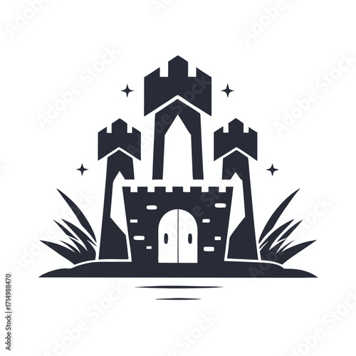 Charming monochrome castle rises amidst shimmering stars and tall grasses by calm waters