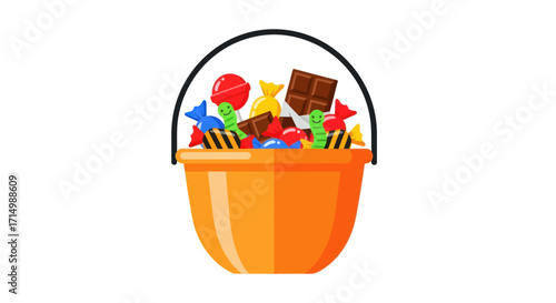 Orange Bucket Filled with Colorful Halloween Candy and Chocolate Treats.