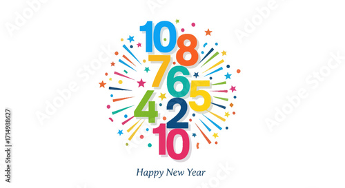 Vibrant New Year countdown with colorful numbers and festive confetti burst.