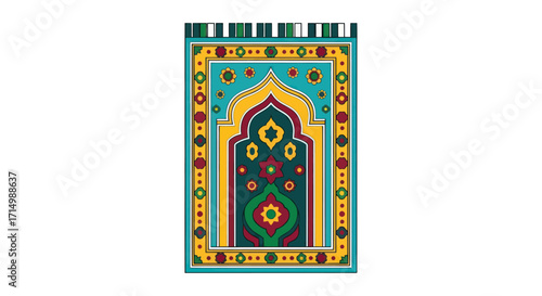 Colorful Islamic Prayer Rug with Geometric Patterns and Tassels.