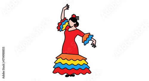 Vibrant Cartoon Flamenco Dancer in Traditional Red and Colorful Ruffled Dress.