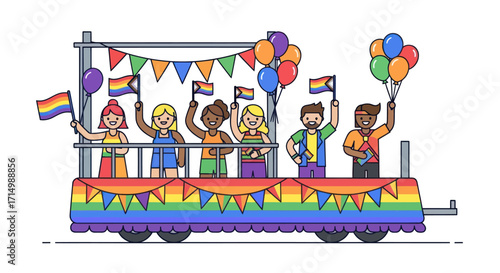 Cheerful People Celebrating Pride on a Rainbow Decorated Float with Flags and Balloons.