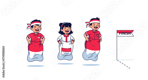 Children in traditional Indonesian attire participating in a sack race celebrating independence.