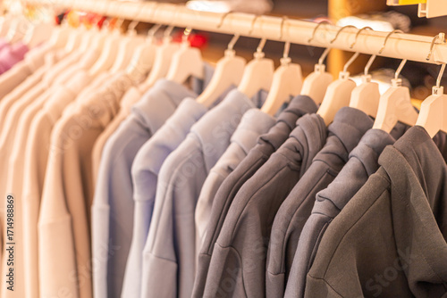 Wallpaper Mural Hoodies displayed on hangers in a retail store. Various colors include gray, blue, and beige. The setting is bright and inviting, showcasing casual fashion. Torontodigital.ca