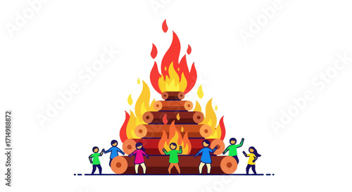 Lohri Festival Celebration: Bonfire with People Gathering Around Vector Illustration.