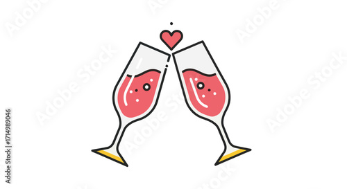 Two elegant champagne flutes filled with pink bubbly liquid clinking together with a heart above.