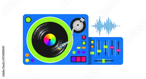 Colorful Vector Illustration of a DJ Turntable and Mixer.