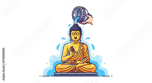 Buddha Statue Being Bathed with Water Religious Ceremony Illustration.
