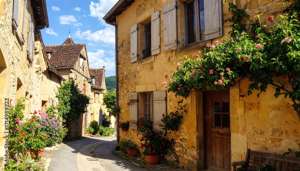 Fototapeta premium A sun-drenched alleyway in a charming French village, lined with pastel-yellow stone buildings, boasts vibrant flowers and wooden shutters, creating a picturesque and serene scene.