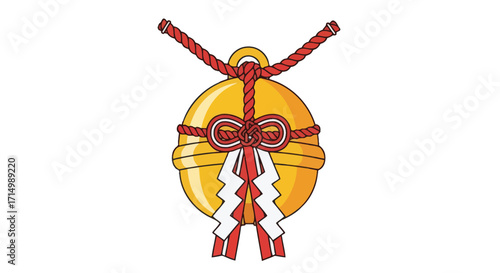 Traditional Japanese Golden Shrine Bell with Red Ropes and Shide Decoration.