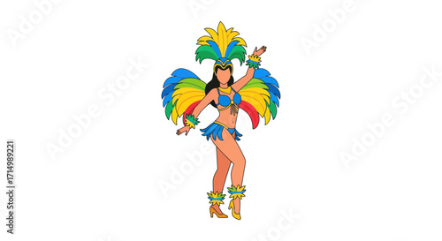 Vibrant Carnival Dancer in Colorful Feathered Costume.