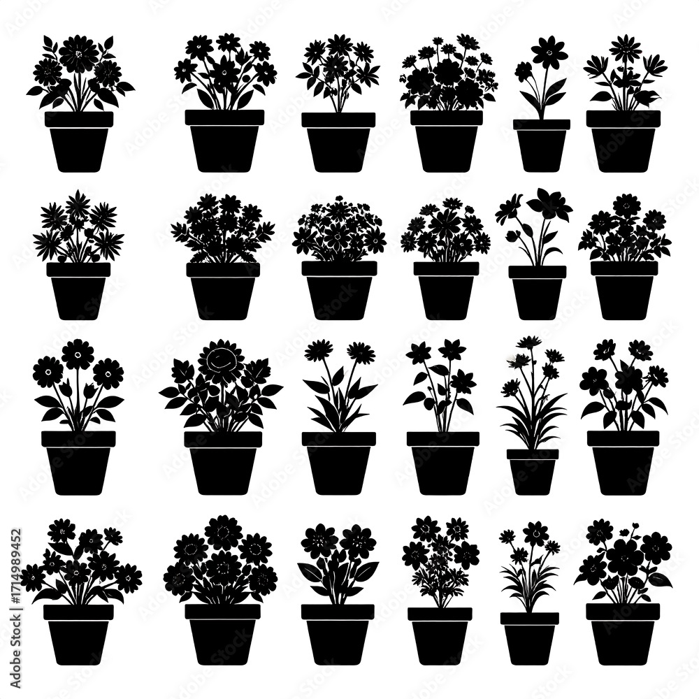 Fototapeta premium Black silhouettes of various potted plants and flowers arranged in a grid pattern.