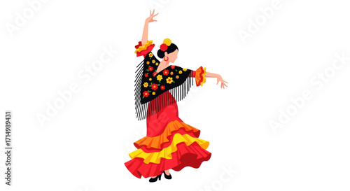 Vibrant Flamenco Dancer Illustration in Traditional Spanish Dress.