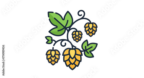 Stylized Illustration of Hops Plant with Green Leaves and Cones.