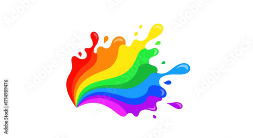 A vibrant rainbow-colored paint splash with dynamic liquid droplets and swirls.