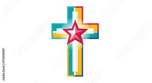 Colorful Christian Cross with a Red Star Emblem.