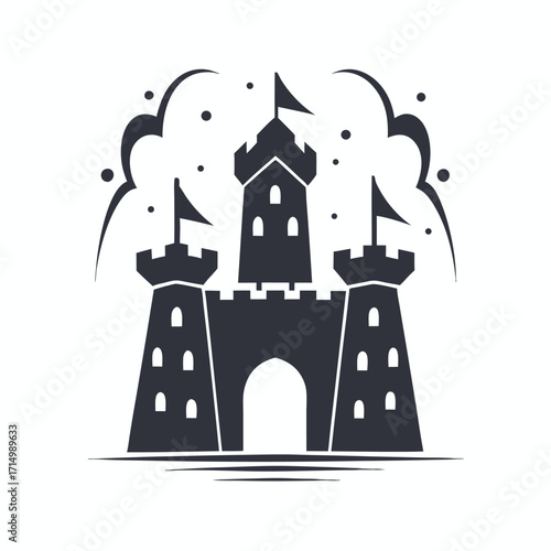 Dark castle silhouette with flags atop towers stands against a light backdrop, minimalist style