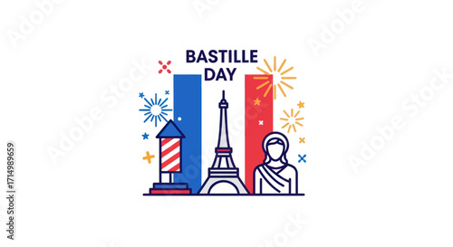 Festive Bastille Day Illustration Featuring Eiffel Tower and Fireworks.
