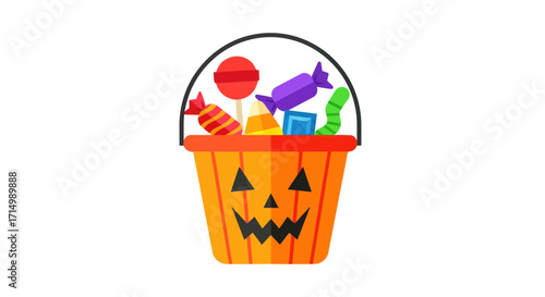 Halloween Jack-o-Lantern Bucket Filled with Colorful Candies.
