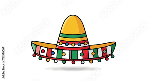 Colorful Sombrero with Pom-Poms and Stripes a Traditional Mexican Hat.