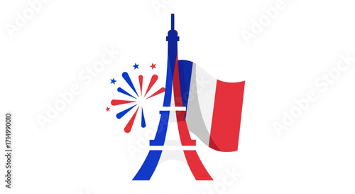Stylized Eiffel Tower with French Flag and Fireworks.