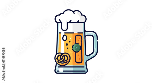 Cartoon Beer Mug with Foam Pretzel and Decorative Emblem.